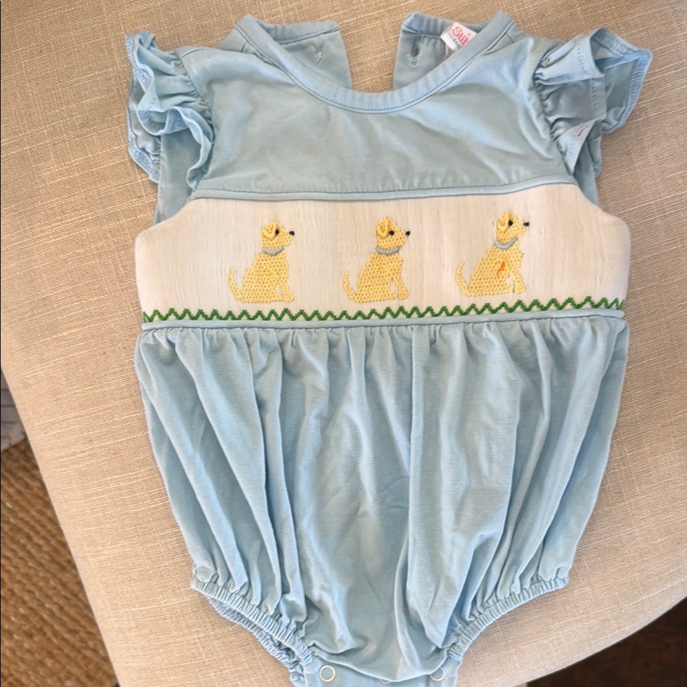 Smocked Blue Baby Romper with Yellow Dogs